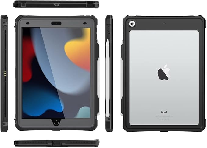 10.2 Waterproof Case Compatible with iPad 9th 8th 7th Generation 2021/2020/2019, Built-in Screen Protector with Strap Stand Pencil Holder, Full Body Heavy Duty Protective Shockproof