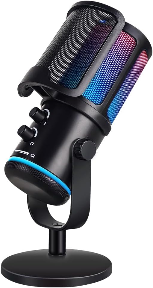 UP-S Condenser Microphone for Gaming PC/PS5 - RGB USB with Noise Cancellation & Tap-to-Mute - Triple-Knob Control Desktop Stand Mic for Streaming, Podcasting YouTube Black