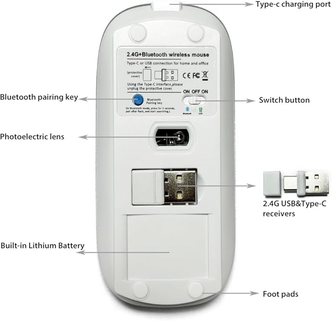 KLO Rechargeable Bluetooth 5.2/3.0/Type-C/USB-2.4G Mouse for MacBook/MacBook air/Pro/iPad, Wireless Mouse for Laptop/Notebook/pc/iPad/Chromebook (Silver)