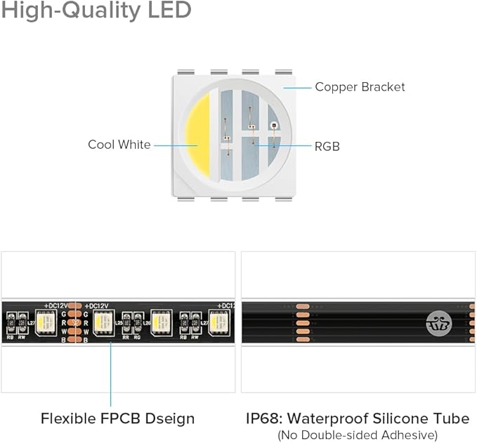 BTF-LIGHTING IP68 Waterproof Outdoor RGBW LED Strip 5050SMD RGB+Cool White(6000K-7000K) 4 Colors in 1 DC12V 5m 16.4ft 60LED/m Multi-Colored Tape Lights Can Work Outdoor(No Adapter or Controller)
