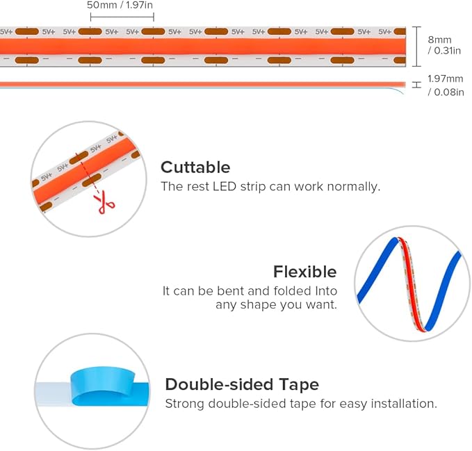 6.56FT/2M 5V USB LED Light Strip Red Flexible High Density COB Strips 640LEDs, 8mm LED Tape for Under Cabinet Bedroom No Controller and Power