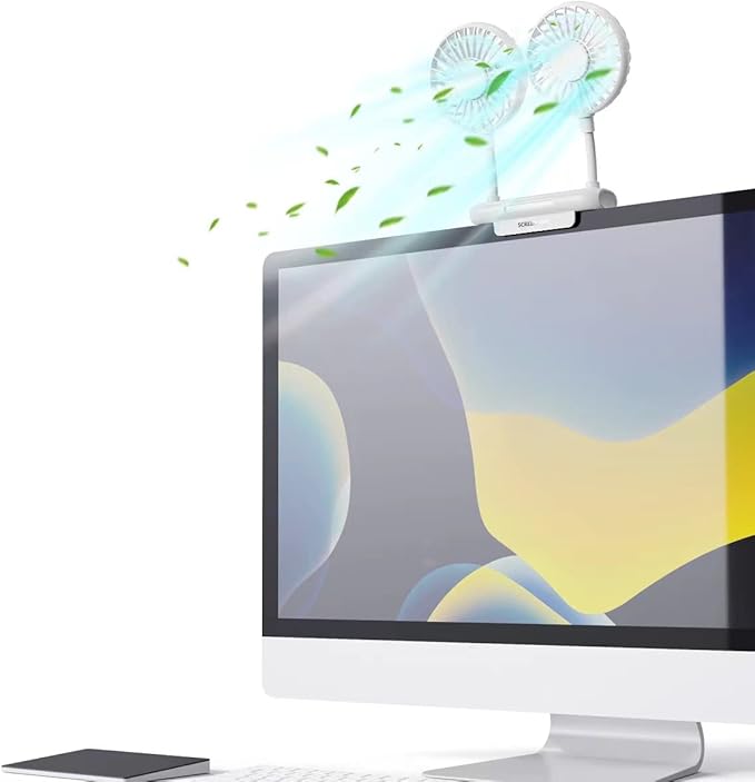 Monitor Fan with 2 Rotatable Heads, 3 Speeds, Sturdy Clamp, USB Powered Cooling Fan for Office Desk & Laptop.
