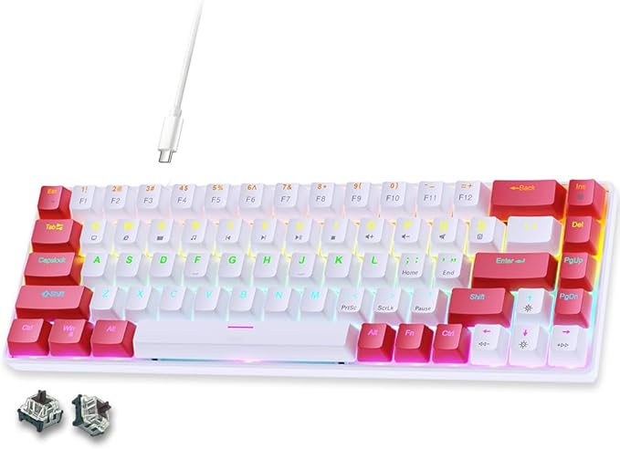 abucow 65% Wired Mechanical Keyboard – 68-Key Compact Layout, Full Anti-Ghosting, Brown Switch Swappable Red White Keycaps, for Windows/Mac