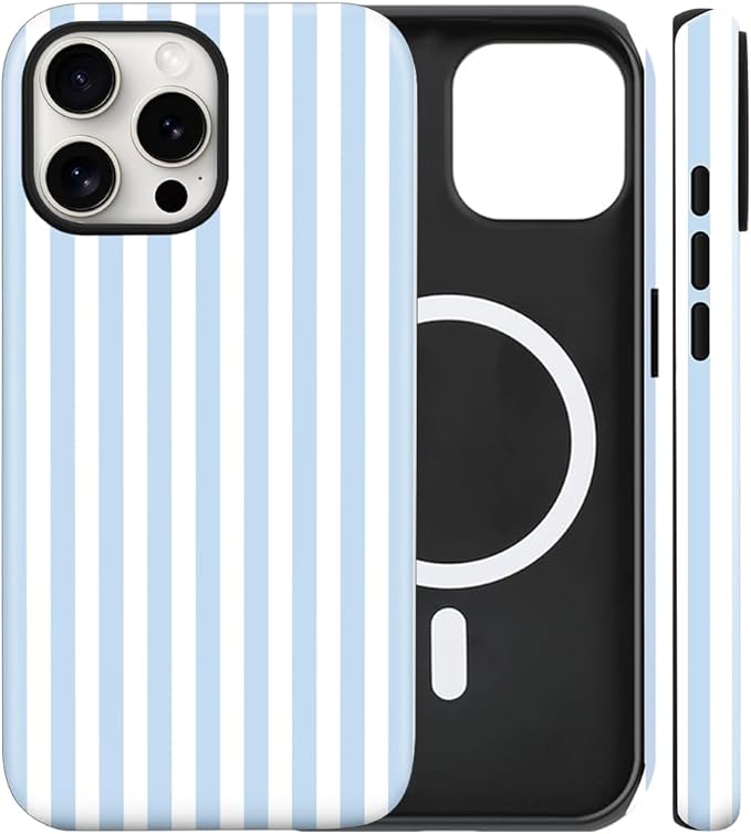 Magnetic for iPhone 13/14 Case Cute Stripes Phone Case, Shockproof Slim TPU and Hard PC Protective Phone Cover Compatible with MagSafe Designed for Women Girls, Blue and White