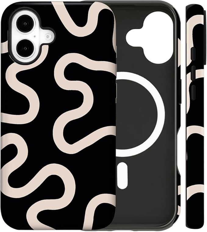 Magnetic for iPhone 17 Case Cute Curved Stripes Phone Case, Shockproof Slim TPU and Hard PC Protective Phone Cover Compatible with MagSafe Designed for Women Girls,Black