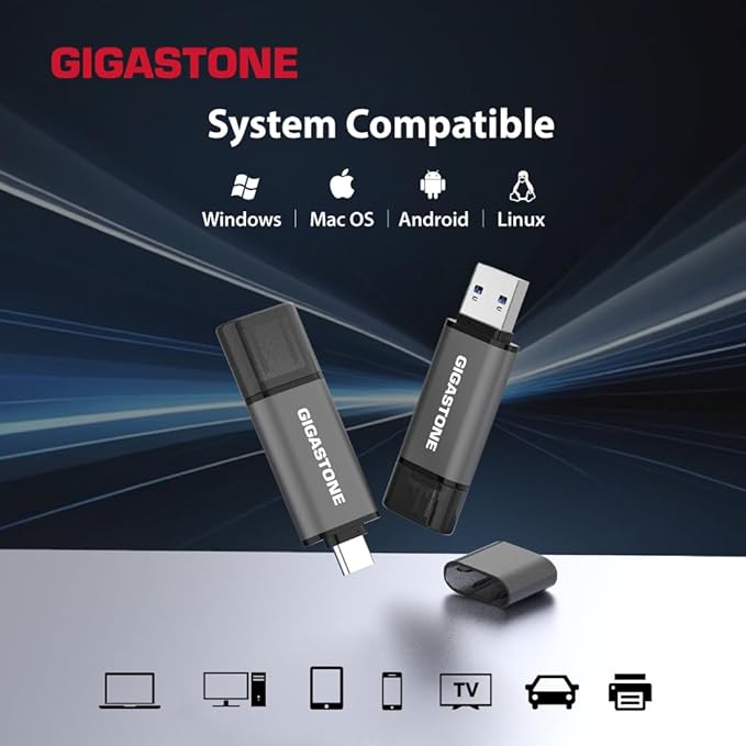 GIGASTONE 128GB Dual Flash Drive (2 Pack) Z40 USB 3.2 Gen 1, 2-in-1 Type-A & Type-C, 100MB/s Ultra Fast, Head Cap Design, Plug & Play for Smartphone/PC/Mac/TV/Car Audio, USB 2.0/3.0/3.1 Compatible
