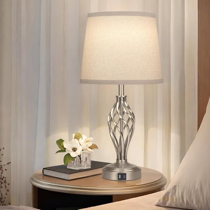 Ruiever Touch Table Lamps Set of 2, nightstand lamp with USB Ports Bedside 3 Way Touch dimmer Desk lamp for Living Room Bedroom,Nickel Plated Spiral cage Base Design Warm White dimmer Bulbs Included