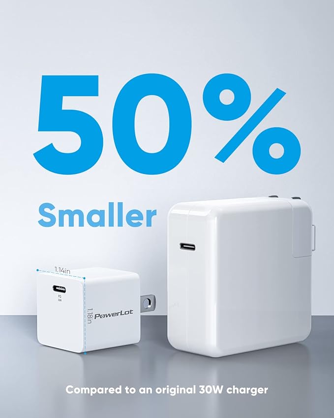 30W USB-C Power Adapter PowerLot GaN III USB C Wall Charger, PD USBC Fast Charger Block for iPhone 15/15 Pro/15 Pro Max/15 Plus/14/13/12/11, Pixel 7/7 Pro, iPad Pro/Air, AirPods, iWatch, MacBook Air