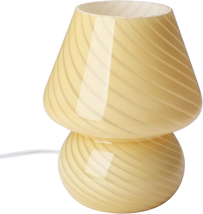BSOD Glass Mushroom Bedside Table Lamp, Yellow Translucent Murano Vintage Style Striped Small Nightstand Desklamp Swirl Light for Home Decor, Dining, Living, Bedroom, Gift (Stripe Yellow)