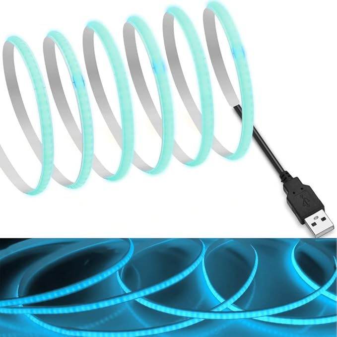 MDee】USB COB Tape Light LED Strip.6.56ft/2m- Flexible 5mm Hidden DC 5V LED Tape with 320 LEDs/m for LightBlue Lighting. Cuttable, Shapeable, USB Powered. Ideal for Kitchen