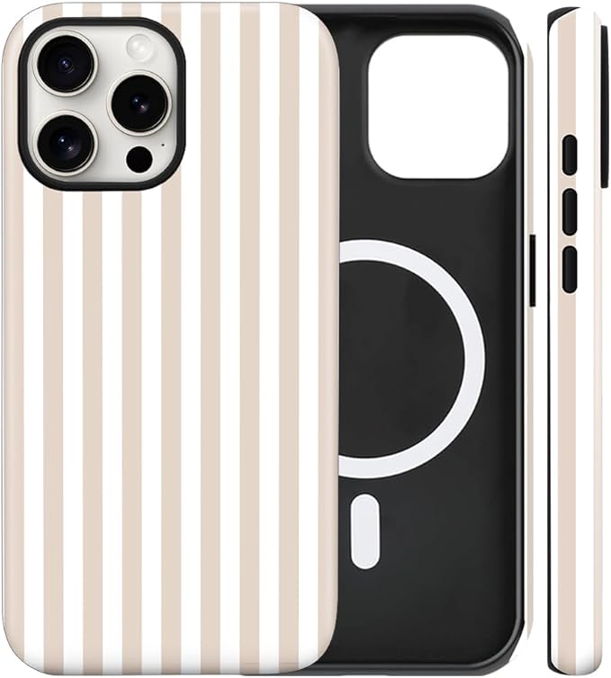 Magnetic for iPhone 16 Pro Max Case Cute Stripes Phone Case, Shockproof Slim TPU and Hard PC Protective Phone Cover Compatible with MagSafe Designed for Women Girls, Apricot