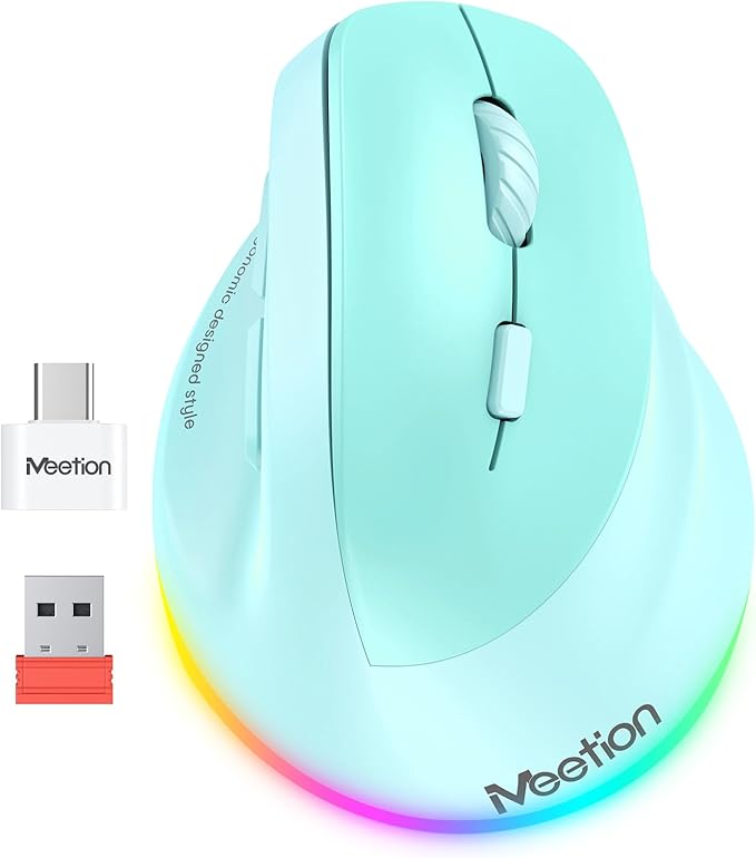 MEETION Ergonomic Mouse, Wireless Vertical Mouse RGB Backlit Rechargeable Mice for Bluetooth(5.2 + 3.0) & USB-A with USB-C Adapter 4 Adjustable DPI for Mac/Windows/Andriod/PC/Tablet/iPad GN