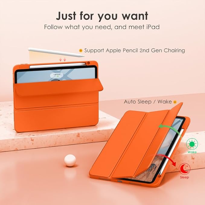VIKESI for iPad Pro 11 Inch 4th/3rd/2nd/1st Generation Case, iPad Air 11-inch / 5th / 4th Generation Case with Clear Back,Pencil Holder,Auto Sleep/Wake,Camera Protection,Orange