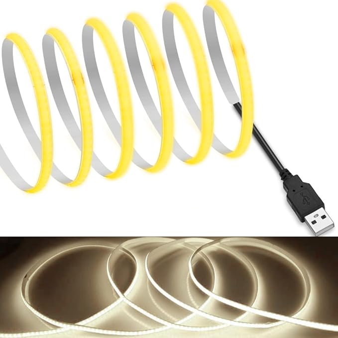 MDee】USB COB Tape Light LED Strip 1.64ft/0.5m- Flexible 5mm Hidden DC 5V LED Tape with 320 LEDs/m for Warm White (4000K) Lighting. Cuttable, Shapeable, USB Powered. Ideal for Kitchen