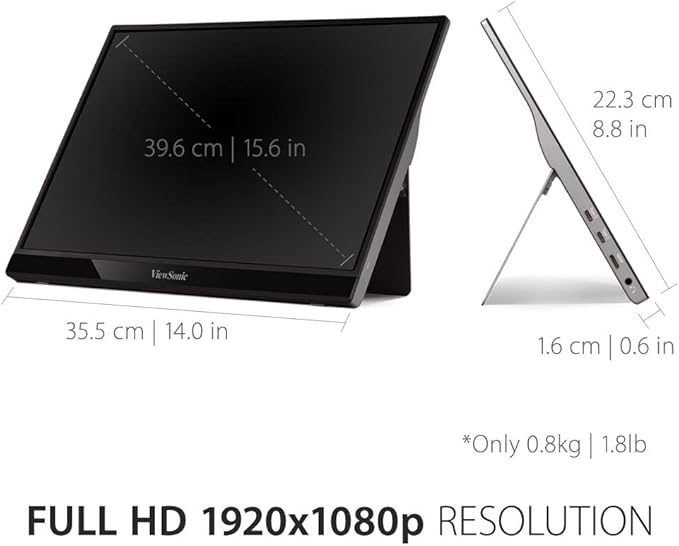 ViewSonic VG1656-2K 16 Inch 1600p Portable Monitor, WQXGA IPS for Improved Workflows and Second Screen Productivity, Built-in Stand, 65W USB-C, mini HDMI, and Smart Cover Inputs
