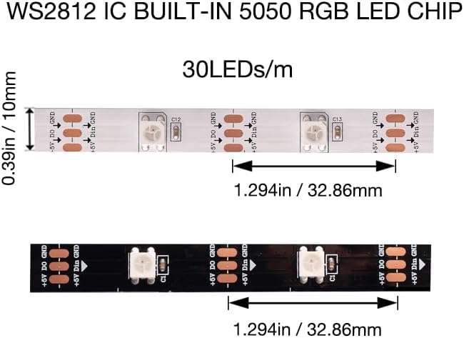 WS2812B RGB LED Strip, Individually Addressable LED Strip, Chasing Effects Dream Color 5050SMD 16.4FT 150 LED Pixel Strip Rope Light DC 5V (White PCB 5M 30Pixels/M IP30)