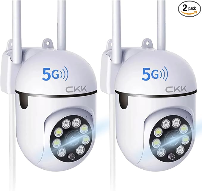 CKK 1080P Security Camera Outdoor Corded Power, 2 Pcs 2MP PTZ WiFi Home Camera (2.4G/5G Dual-Band), 360° Pan/Tilt, Color Night Vision, Motion Alerts, 2-Way Audio, Compatible with Alexa