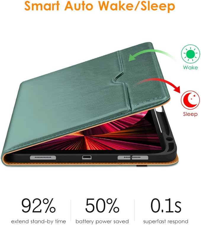 DTTO Case for iPad Pro 11 Inch 4th / 3rd / 2nd / 1st Generation 2022/2021/2020/2018,Premium PU Leather Folio Stand Cover with Hand Strap, Auto Wake/Sleep,Multiple Viewing Angles, Pine Green