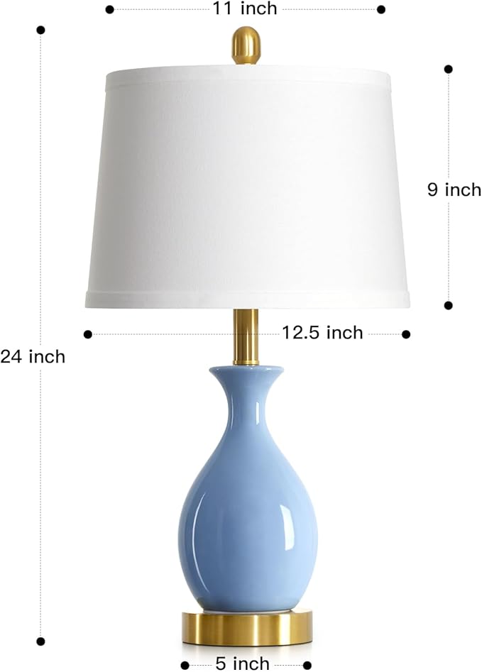 24″ Light Blue Ceramic Table Lamps Set of 2, Modern Classic Bedside Lamps for Bedroom Nightstand, Small Table Lamp for Living Room Side Table (2 LED Bulbs Included)