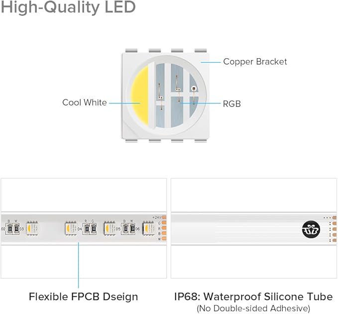 BTF-LIGHTING IP68 Waterproof Outdoor RGBW LED Strip 5050SMD RGB+Cool White(6000K-7000K) 4 Color in 1 DC24V 5m 16.4ft 60LED/m Multi-Colored Light White PCB Can Work Outdoor(No Adapter or Controller)
