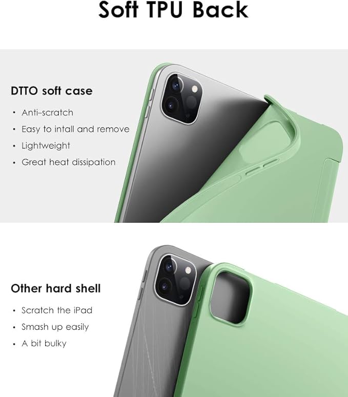 DTTO for iPad Pro 11 Inch 4th/3rd/2nd/1st Generation 2022/2021/2020/2018 Case, Also Fit iPad Air 11-Inch/5th/4th Gen, Slim Lightweight Trifold Stand Soft Back Cover，Auto Sleep/Wake,Light Green