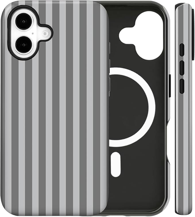 Magnetic for iPhone 17 Case Cute Stripes Phone Case, Shockproof Slim TPU and Hard PC Protective Phone Cover Compatible with MagSafe Designed for Women Girls, Gray