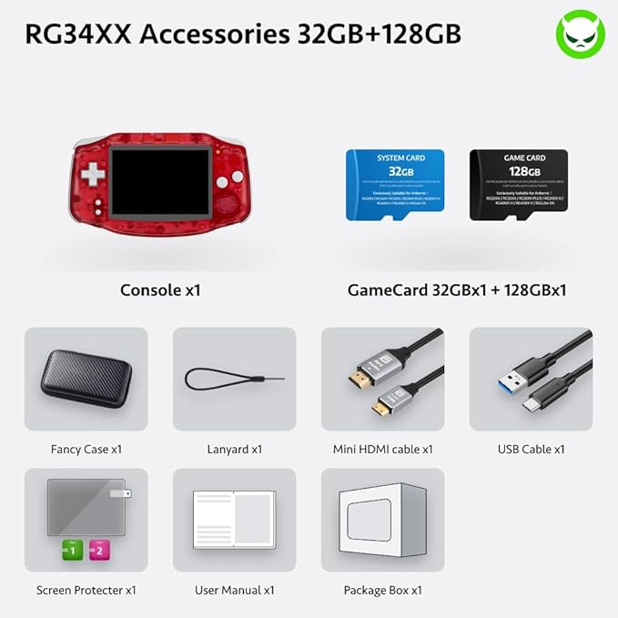 RG34XX Handheld Game Console 18K+ Preloaded Retro Games 35 Emulators 3.4” IPS Display 4K TV Output Classic Video Game Console Portable Gaming System with Fancy Case & Accessories (Red-128GB)