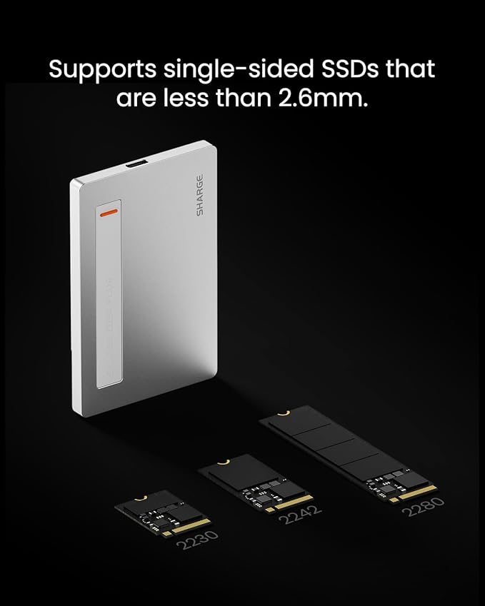 sharge Disk Plus SSD Enclosure 10Gbps M.2 NVMe, 0.24" Ultra Slim Aluminum Enclosure with Built-in Cable USB C 3.2 Gen2 Support Size 2230/2242/2280 M Key SSDs (SSD not Included)