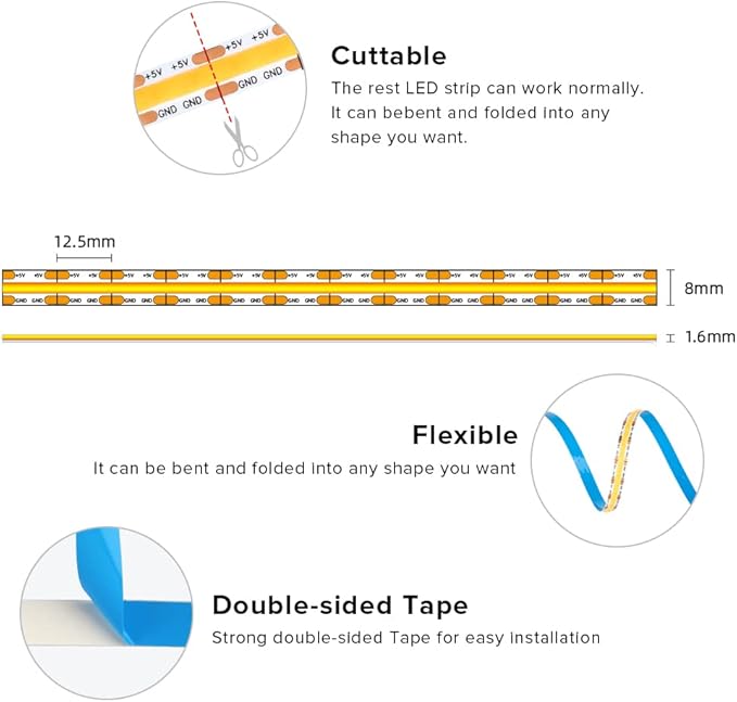 BTF-LIGHTING FCOB COB FOB LED Strip Lights 5V USB Powered 6.56FT 640LEDs Cool White 6000K 8mm Width Dimmable CRI 90+ with 3M Tape Flexible High Density for 3D Printer TV Backlight PC DIY Decor