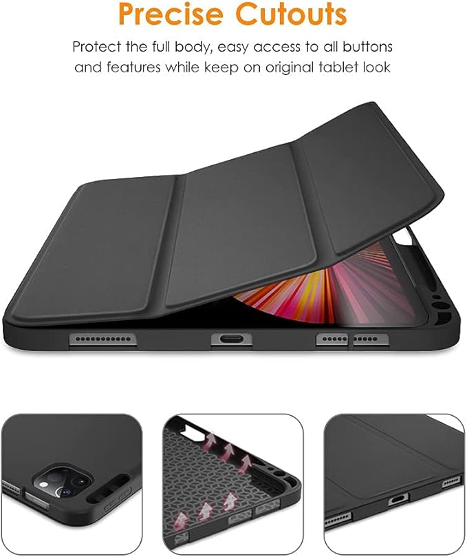 DTTO for iPad Pro 11 inch 4th/3rd/2nd/1st Generation 2022/2021/2020/2018 Case, Smart Slim Trifold Stand Soft TPU Back Cover with Built-in Pencil Holder, Also Fit iPad Air 5/4,Black