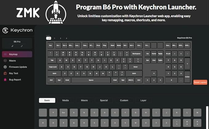 Keychron B6 Pro Full-Size Ultra-Slim Wireless ZMK Custom Keyboard, Triple-Mode 2.4 G/Bluetooth 5.2/Wired Programmable, Lightweight Quiet Key with Numeric Keypad for Mac/Windows, Space Gray