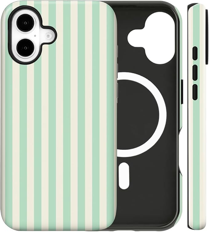 Magnetic for iPhone 16 Case Cute Stripes Phone Case, Shockproof Slim TPU and Hard PC Protective Phone Cover Compatible with MagSafe Designed for Women Girls, Light Green