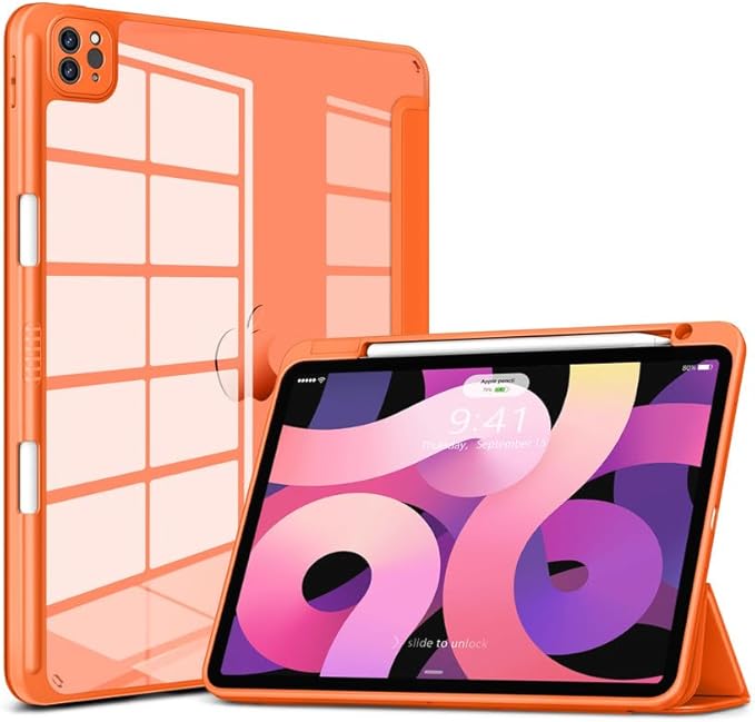 VIKESI for iPad Pro 11 Inch 4th/3rd/2nd/1st Generation Case, iPad Air 11-inch / 5th / 4th Generation Case with Clear Back,Pencil Holder,Auto Sleep/Wake,Camera Protection,Orange