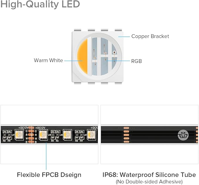BTF-LIGHTING IP68 Waterproof Outdoor RGBW LED Strip 5050SMD RGB+Warm White(3000K-3500K) 4 Colors in 1 DC12V 16.4ft 5m 60LED/m Multi-Colored Tape Lights Can Work Outdoor(No Adapter or Controller)