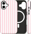 Magnetic for iPhone 17 Case Cute Stripes Phone Case, Shockproof Slim TPU and Hard PC Protective Phone Cover Compatible with MagSafe Designed for Women Girls, Pink and White