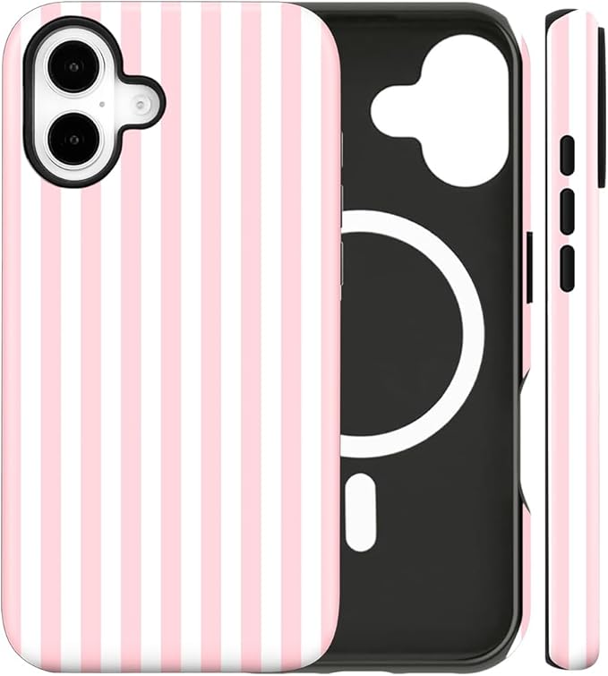 Magnetic for iPhone 16 Case Cute Stripes Phone Case, Shockproof Slim TPU and Hard PC Protective Phone Cover Compatible with MagSafe Designed for Women Girls, Pink and White