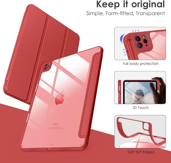 VIKESI for iPad Pro 11 Inch 4th/3rd/2nd/1st Generation Case, iPad Air 11-inch / 5th / 4th Generation Case with Clear Back,Pencil Holder,Auto Sleep/Wake,Camera Protection,Red