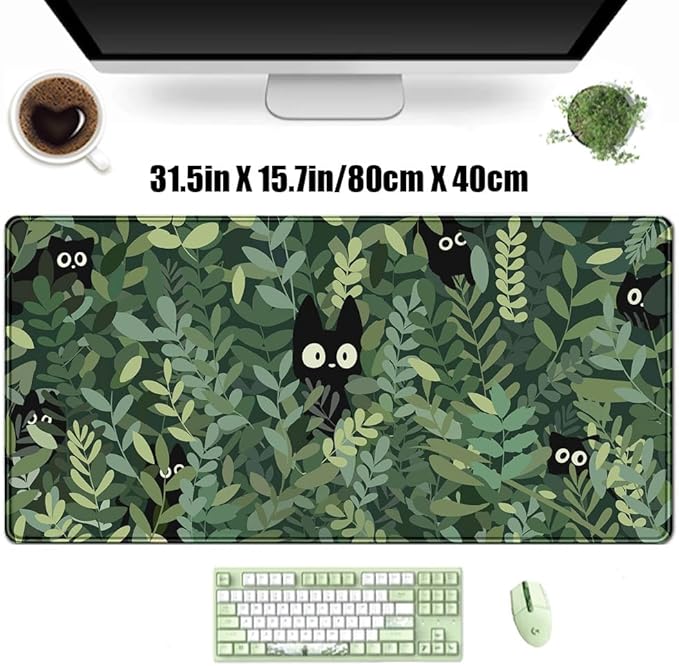 Kawaii Cat Mouse Pad Xl-31.5x15.7in-Anime Black Cat Green Plant Desk Mat Pad-Extended Aesthetic Keyboard Mouse Pad-for Desk Kid Girl with Stitched Edges Non-Slip Cozy Office Decor