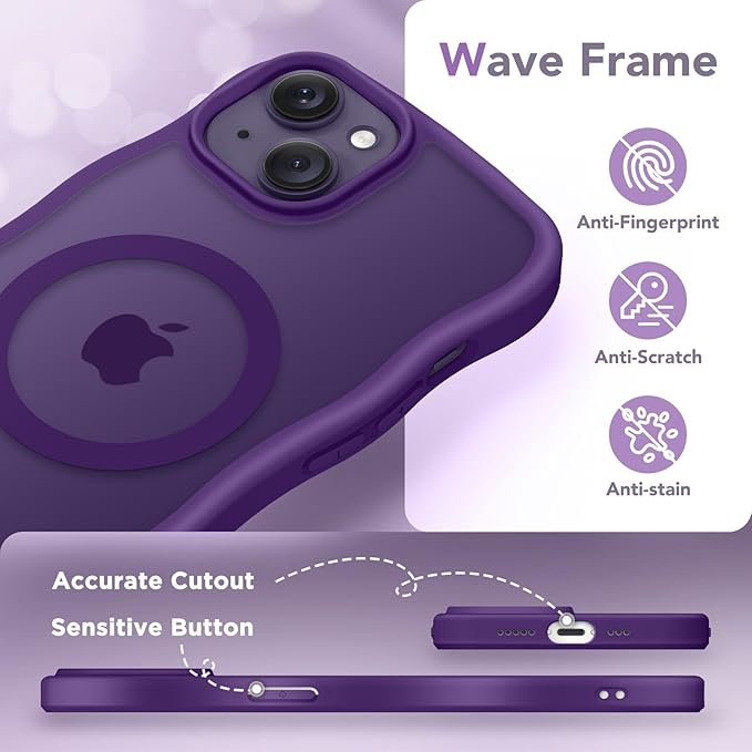 CAPRARO Cute for iPhone 13 Case & iPhone 14 Case, Compatible with MagSafe, [Curly Wave Edge] [Camera Protection] [14 FT Drop Protection] Magnetic for iPhone 13/14 6.1 Inch, Deep Purple