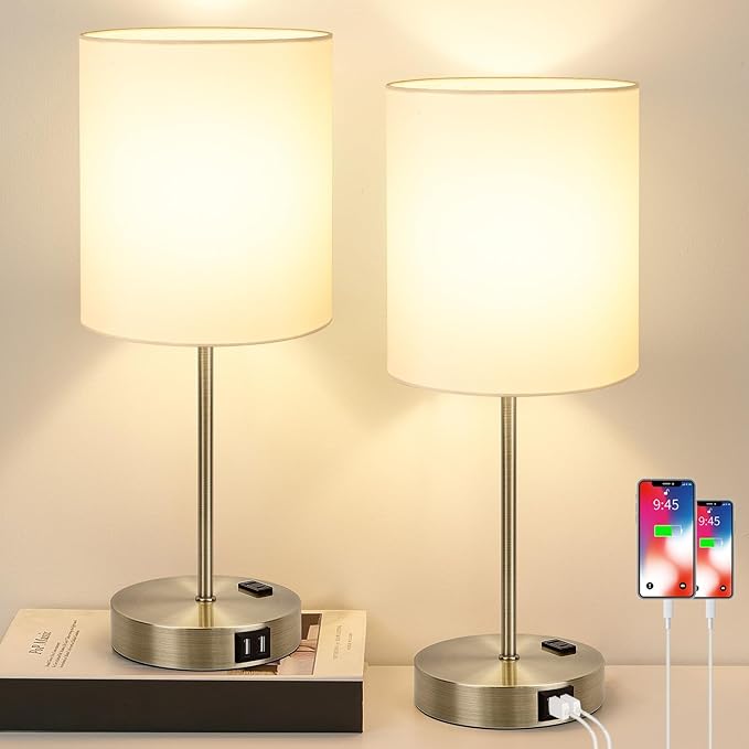Lynnoland Set of 2 Touch Control Table Lamps with 2 USB & AC Outlet, 3-Way Dimmable Bedside Nightstand Lamps for Bedroom Living Room Nursery, 800 Lumens 3000K Warmlight Bulbs Included