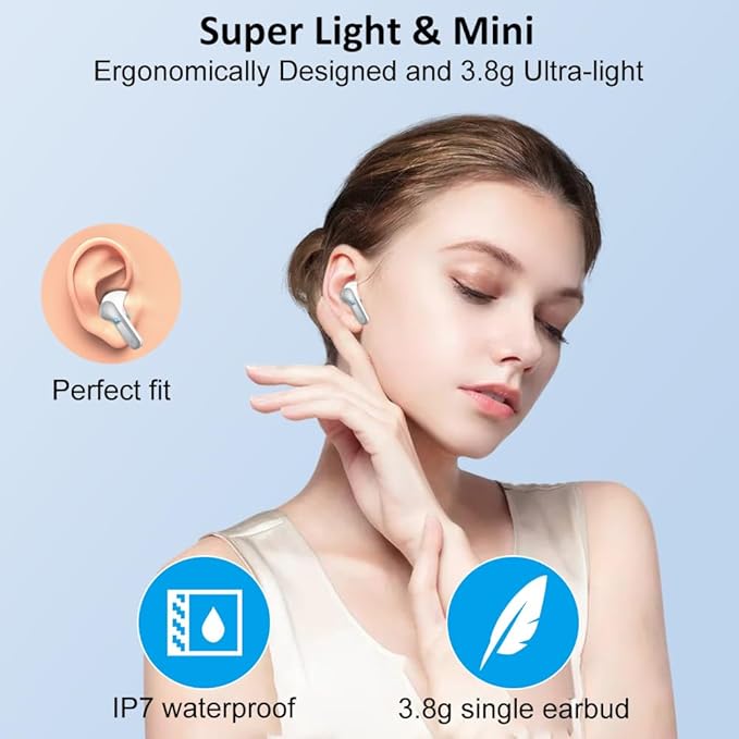 Wireless Earbud Bluetooth 5.3 Headphones, Hi-Fi Stereo Ear Buds with 4 ENC Cancelling Mics, 40H in-Ear Earphones IP7 Waterproof Sports, LED Display, Mini Headset for Laptop Pad TV Android/iOS, Grey