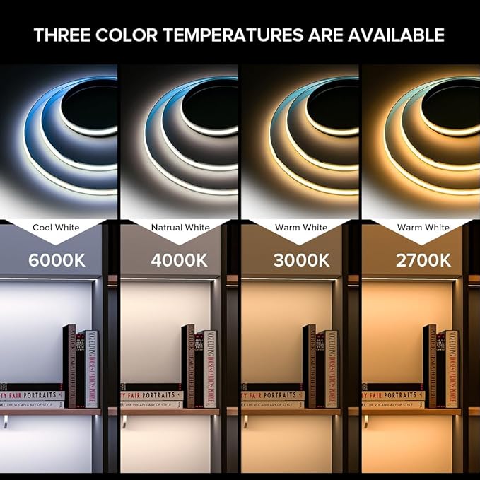 COB LED Strip Lights 16.4FT DC12V Warm White 2700K Dimmable Flexible Uniform Adhesive 480LEDs/m COB Strips for DIY Home Decor Shelf Cabinet, No Adapter/Controller
