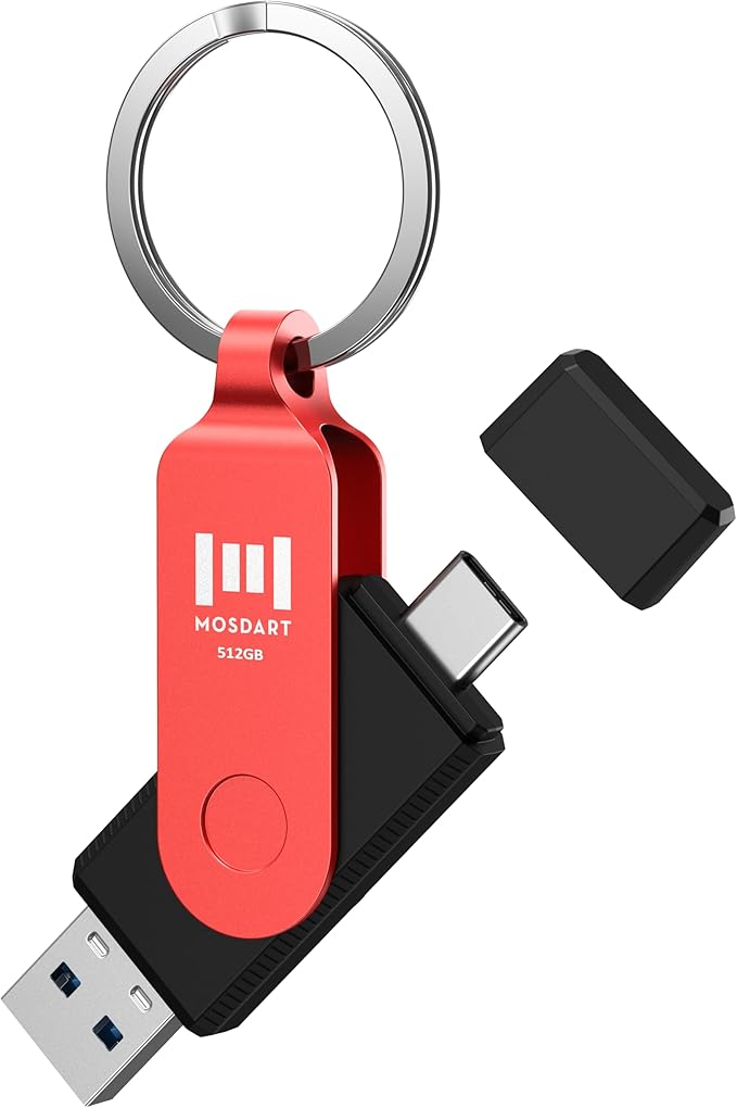 MOSDART 512GB USB C 3.2 Fast Speed C and A Dual Flash Drive, exFAT Memory Stick with Keychain and LED Indicator, for iPhone 15,16,17, Android Phone, iPad, MacBook, and Other Laptops, Red