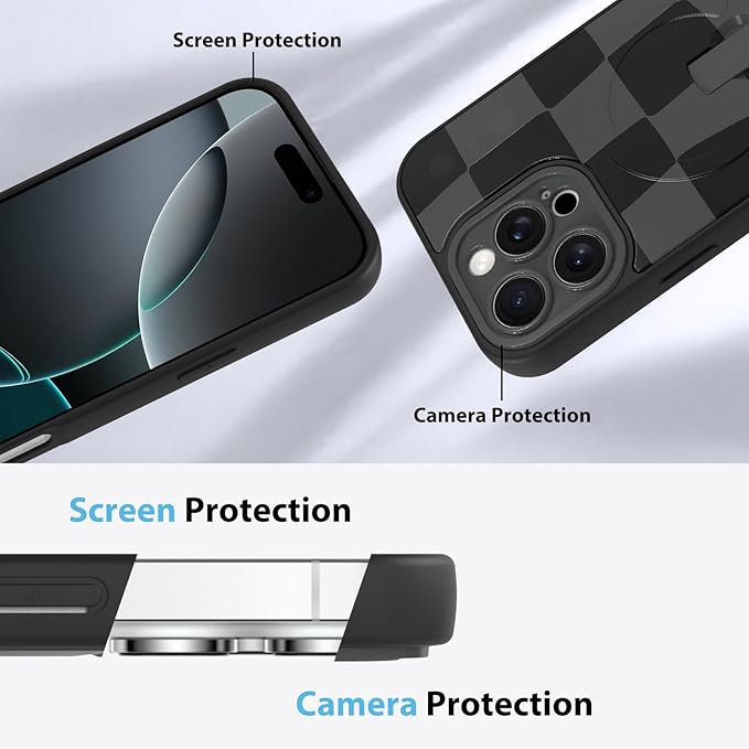 KANGHAR Compatible with iPhone 16 Pro Case, Support for MagSafe, Silicone Checkered Cute Pattern, Wristband Kickstand Camera Protection Soft Slim Cover for Girls Women -Black