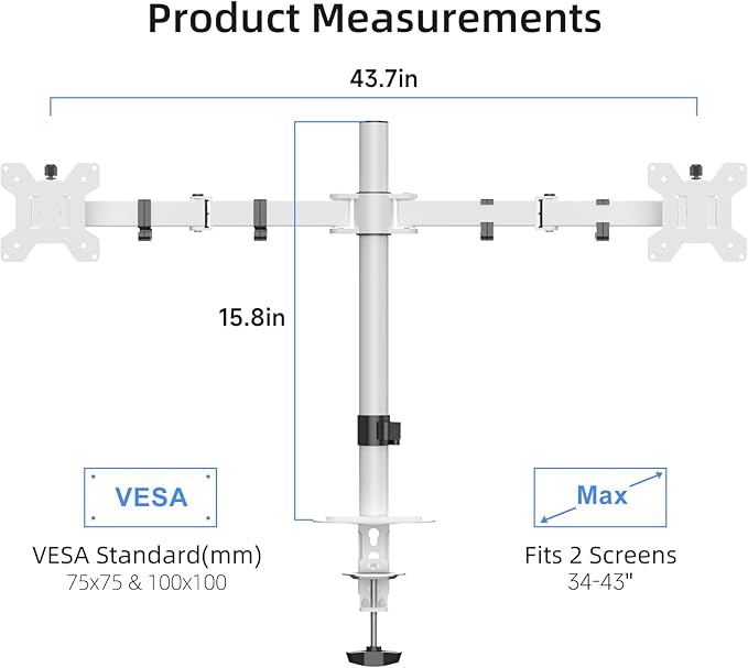 Suptek Dual Monitor Desk Mount, Adjustable Dual Monitor Arm for 2 Monitor Screens up to 43 inch, 15.75" Pole Monitor Stand for Desk, Holds up to 22 lbs,White(MD9442LW)