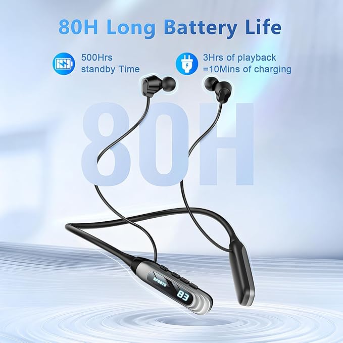 MZYML Neckband Bluetooth Headphones 5.4, IPX5 Waterproof Sports Earbuds with Mic, 80H Playtime 1000H Standby, LED Power Display, Magnetic in-Ear Headset for Running Workout Gym (Black)