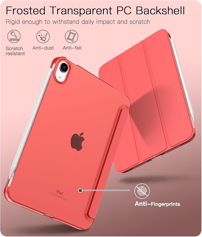 TiMOVO Case for iPad mini 7 A17 Pro 8.3-inch 2024, iPad mini 6th Generation Case, Slim Translucent Hard Back Folio Cover Support Touch ID & Apple Pencil Charging, Auto Wake/Sleep, Coral Orange