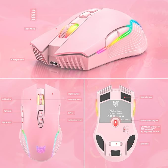 RGB Wireless Gaming Mouse, Pink, Rechargeable, Ergonomic Design, Adjustable DPI, Compatible with Windows, Mac