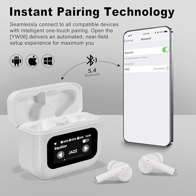 Wireless Earbuds, Bluetooth 5.4 Ear Buds with Touch Screen, ANC/ENC Noise Cancelling Earbuds with Charging Case, IPX7 Waterproof, 6 EQ Modes, 40H Playtime Stereo Sound Earphones for iOS Android(White)
