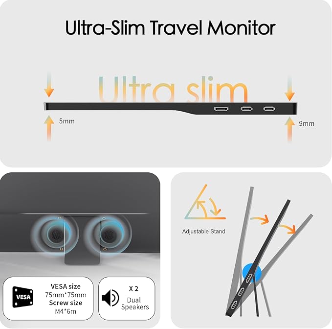 15.6 Inch Portable Monitor Ultra Slim Full HD 1080p IPS Travel Monitor, USB C Plug&Play Portable HDMI Second Screen for Laptop Mac Phone Xbox Switch